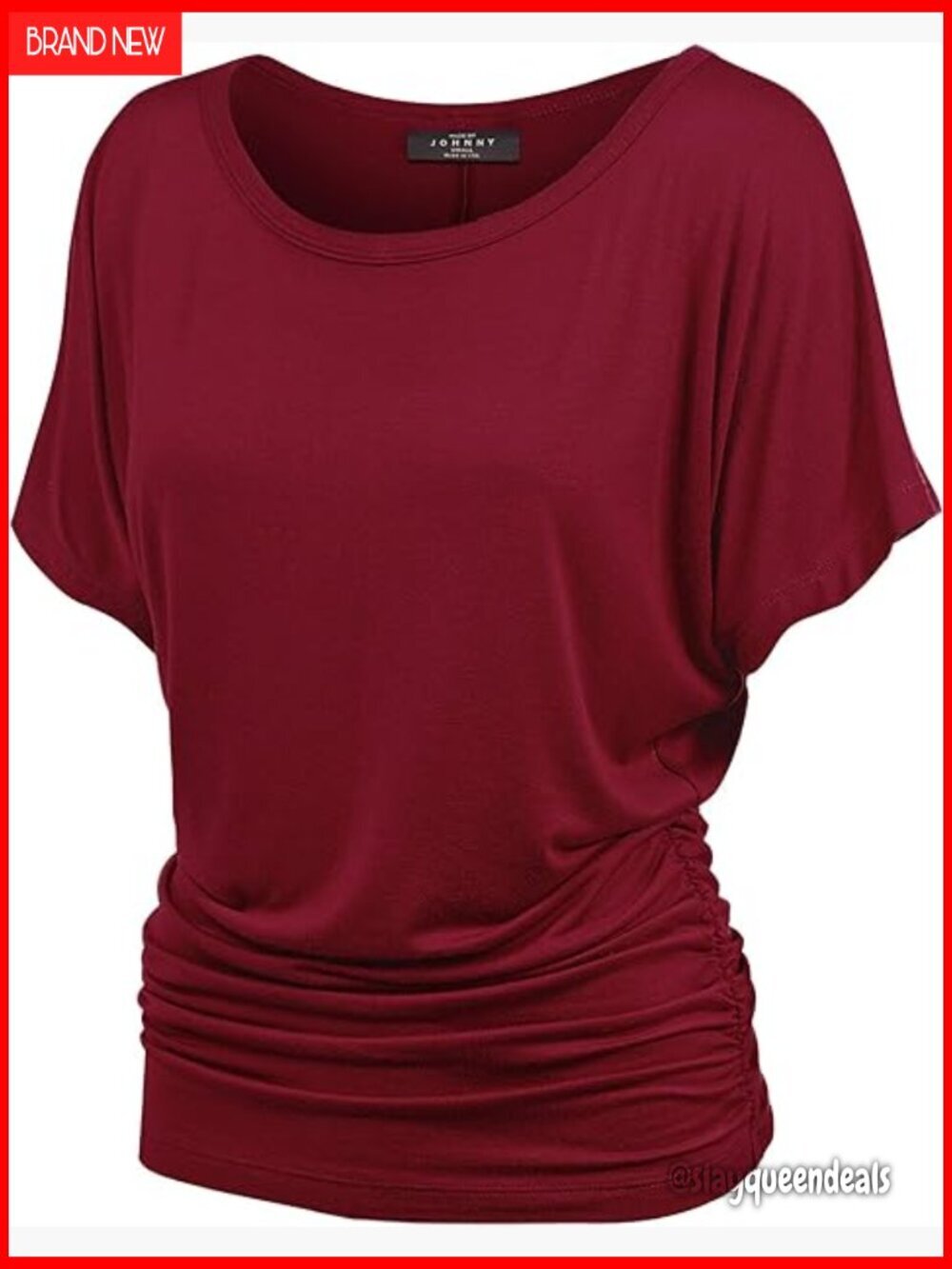 Large Dolman Sleeve T-Shirt with Side Shirring, Boat Neck, Rayon Blend